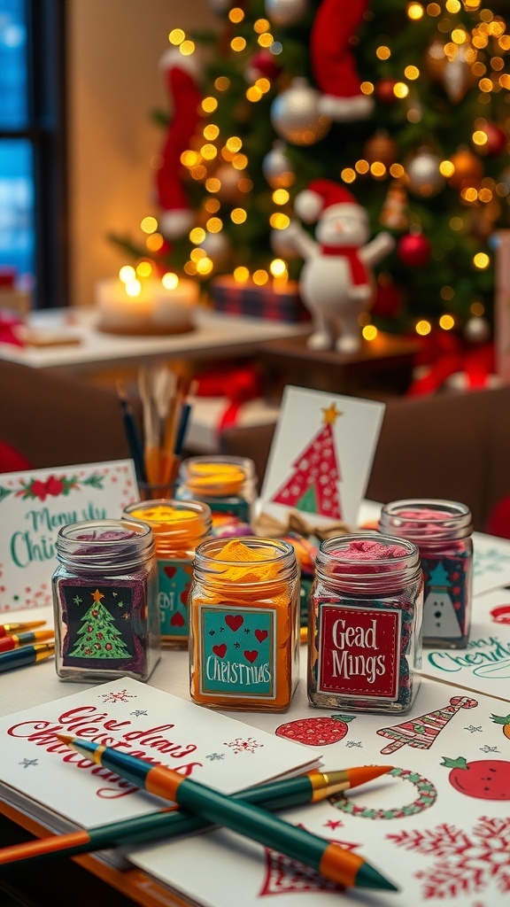 Colorful Christmas doodles ink in jars on a festive table with holiday decorations.